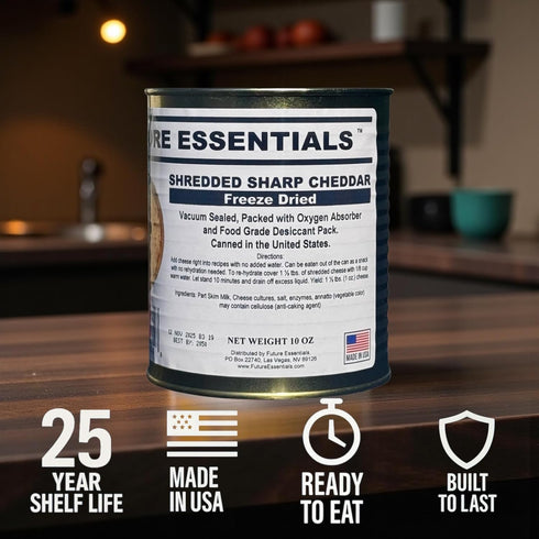 10 Oz (25-Year Pack 1 Future Essentials Freeze Dried Shredded Sharp Cheddar Cheese Per Can Shelf-Stable, Long-Term