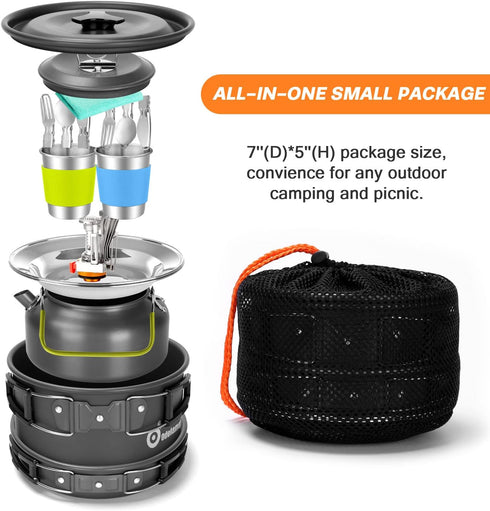 Odoland 16pcs Camping Cookware Set - Folding Camping Stove, Non-Stick Lightweight Pot Pan Kettle Set for Outdoor