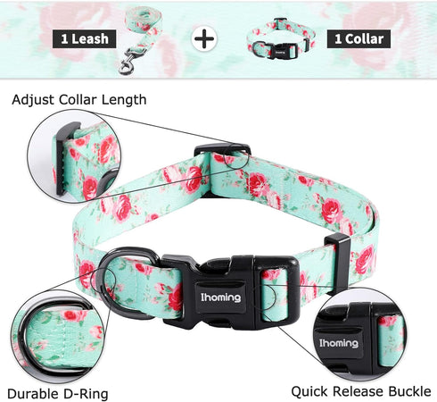 Ihoming Dog Collar and Leash Set for Daily Outdoor Walking, Floral Spring Design for Large Dogs and Cats