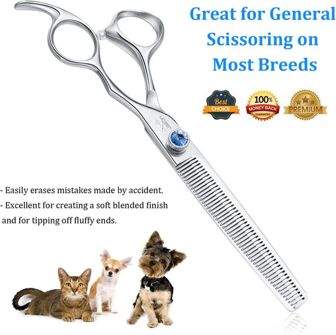 JASON 7" 50 Teeth Thinning Dog Grooming Scissor, Ergonomic Blender Shears Kit with Offset Handle and Jewelled Screw