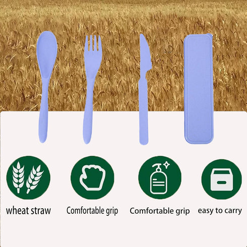 Reusable Utensils Set with Case, 2 Sets Portable Wheat Straw Cutlery for Office, Dorm, Travel (Purple)
