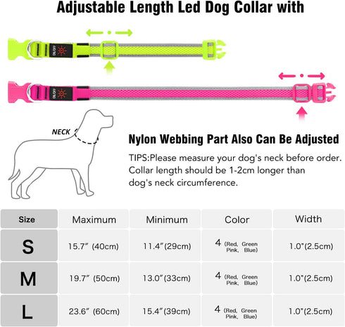 LED Dog Collar, USB Rechargeable Light Up Safety Collar for Small, Medium, Large Dogs (Large, Ruby Red)
