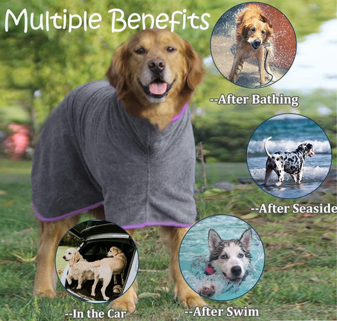 Dog Drying Coat - Fast Drying Dog Towel Robe - Microfiber Super Absorbent Pet Bathrobe, Adjustable Collar & Belly Strap