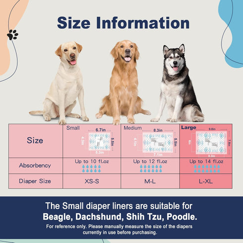 130 Dog Diapers Liners Large, Ct, Super Absorbent Diaper Pads for Male and Female, Hook-and-Loop Tape Design Design