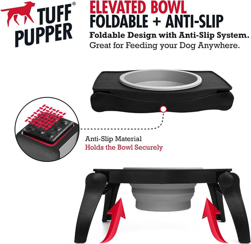 Tuff Pupper Elevated Dog Bowl - Single Raised Bowl Holds 80oz/12cups Food/Water, Collapsible Travel Bowl for Easy