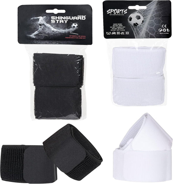 Youth Soccer Shin Guard Straps - 4 PCS Adjustable Elastic Shin Straps for Kicking, Running, Cycling, Black and White