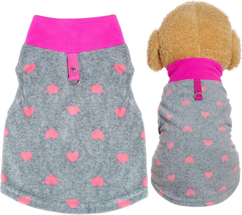 Grey Dog Heart Sweater with Leash Ring, Soft Fleece Vest for Small Dogs and Cats, Medium Size