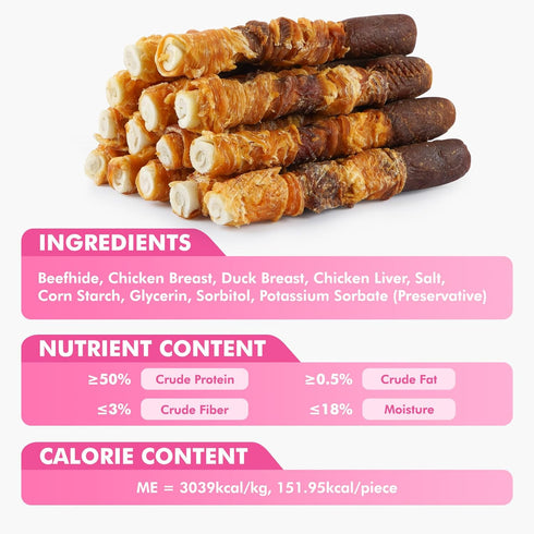 6 Inch 17.6 oz Dog Treats, Triple Flavor Rawhide Rolls, Chicken Duck and Chicken Liver Wrapped Rawhide Dog Chews