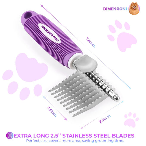 Dematting Undercoat Rake Comb for Dogs & Cats - 2.5-In Stainless Steel Safety Blades for Removing Mats & Tangles