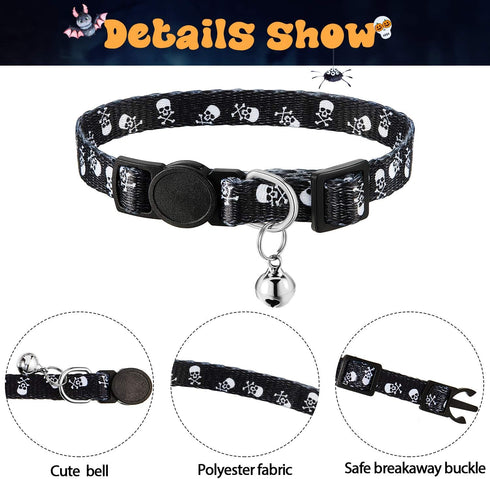 Weewooday 4 Pieces Halloween Skull Cat Collar Breakaway Kitten Collars with Bell, Adjustable Outfit with Skull Patterns