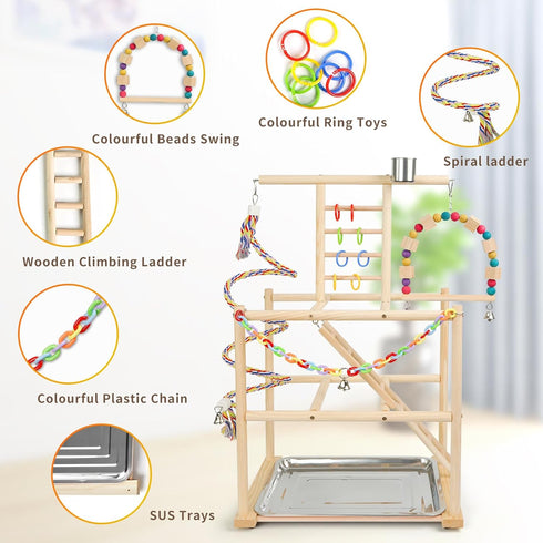 3 Bird Playground, Parrots Playstand for Small to Medium Birds, Perch Stand with Ladders Playgym with Rope Perch