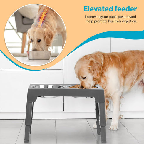Niubya Elevated Dog Bowls with 2 Stainless Steel Bowls, Raised Bowl Adjusts to 5 Heights for Small Medium and Large Dogs