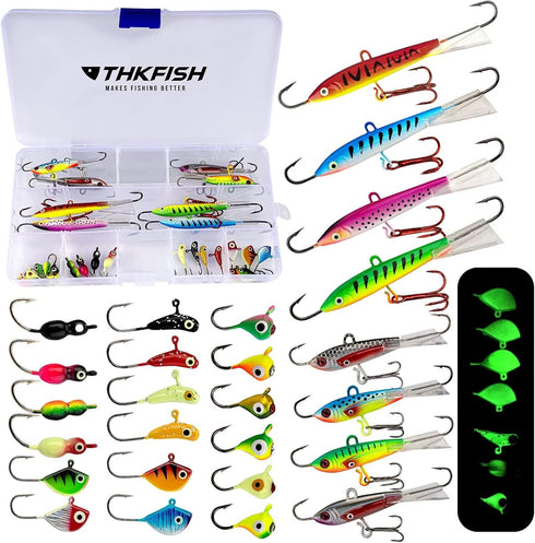 THKFISH Ice Fishing Lures and Jigs Kit, 14/26/40PCS, Walleye Crappie Panfish Pike Fishing Gear