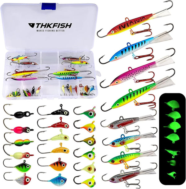 THKFISH Ice Fishing Lures and Jigs Kit, 14/26/40PCS, Walleye Crappie Panfish Pike Fishing Gear