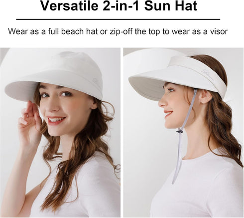 Womens Sun Hat - 2 in 1 Zip-Off Sun Protection Visor Beach Hat for Women, Packable Golf Hat