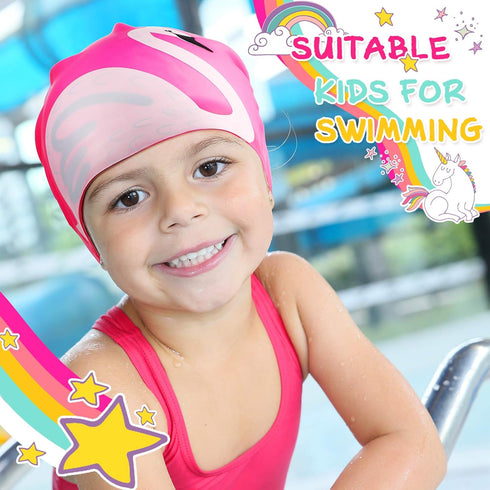 Syhood 3 Pcs Kids Swim Caps, Baby Waterproof Bathing Caps for Long Short Hair Boys Girls