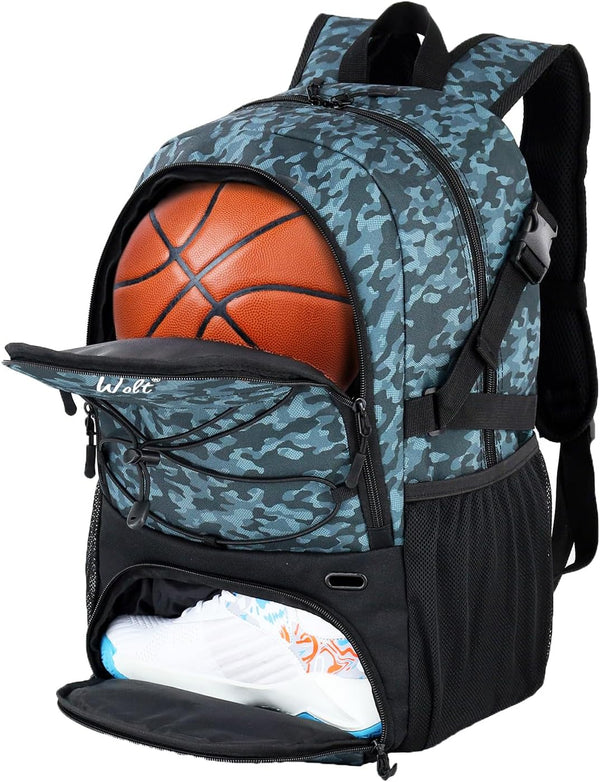 WOLT Basketball Equipment Backpack - Large Sports Bag with Separate Ball Holder & Shoes Compartment (Camouflage Grey)
