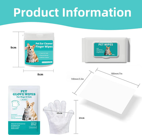 LEOARWE 3-in-1 Pet Wipes Kit for Dogs & Cats - Pet Cleaning Gloves, Ear Cleaner Finger Wipes & Body Wipes