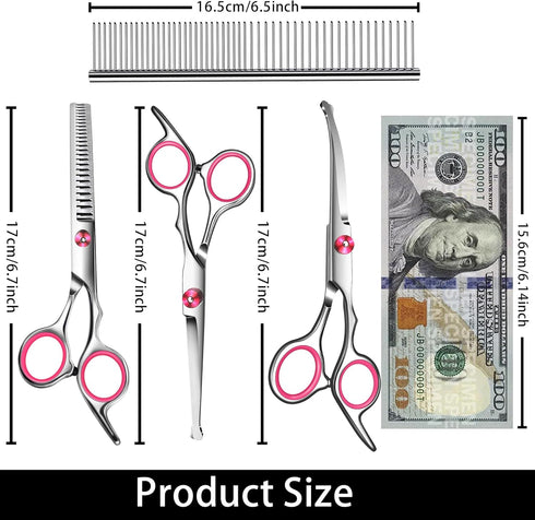 wikdey Dog Grooming Scissors with Safety Round Tip Pet Grooming scissors Kit Dog Shears kit Incudes Thinning Curved