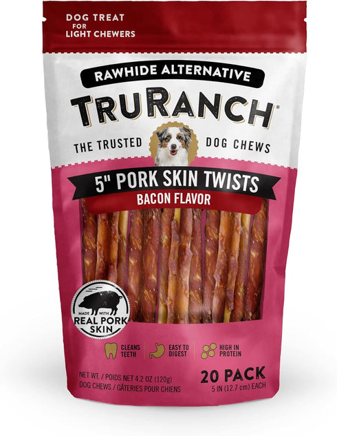 Pork Skin Twists, 5", Bacon Flavor, Made with Real Pork Skin, Healthy Rawhide Alternative, 20 Count Bag