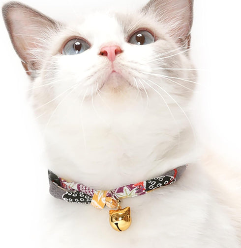 Necoichi Chirimen Hanabi Fireworks Cat Collar (Gray) - Safety Breakaway with Bell, Japanese Pattern