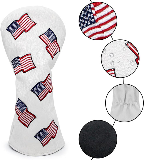 US Flag Patriotism Golf Club Head Covers, White for Driver and Fairway Woods, Synthetic Leather Set