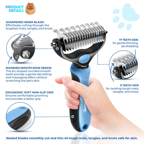 Undercoat Rake for Dogs & Cats, Dematting Comb with Double-Sided Stainless Steel Teeth for Detangling & Deshedding