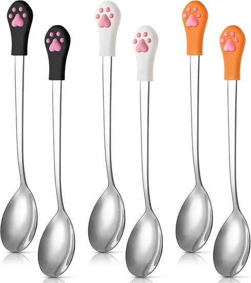 6 Pieces Stainless Steel Pet Food Spoon Set, Cute Cat Claw Silicone Handle (White, Black, Orange)