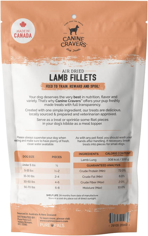 Canine Cravers Single Ingredient Dog Treats – Premium Lamb Fillets - Human Grade Air Dried Hypoallergenic Pet Food – Grain, Gluten, and Soy Free – 100% All Natural – 5.3 oz Bag