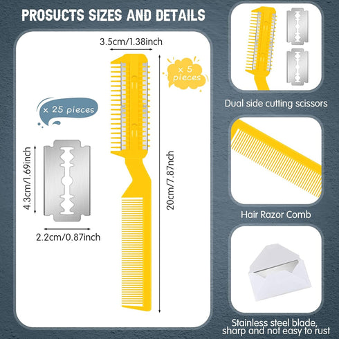 5 Pieces Razor Comb for Dogs Hair Grooming Trimmer Comb for Pet Razor Comb with 25 Extra Blades Manual Dog Hair Trimmer Comb Double Edge Razor for Dogs (Yellow)