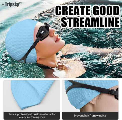 Tripsky Silicone Swim Cap - Comfortable Bathing Cap for Curly Short Medium Long Hair, Swimming Cap for Women and Men,