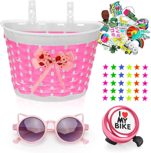 Kids Bike Basket for Girls Boys, Bicycle Basket with Bell, Stickers, and Sunglasses