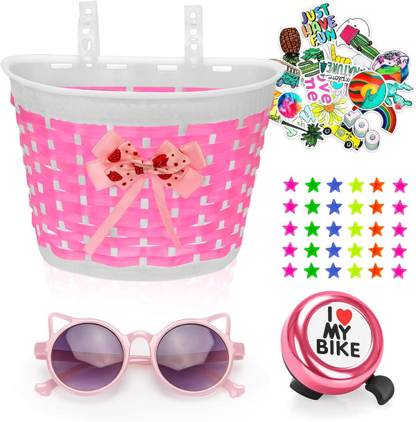 Kids Bike Basket for Girls Boys, Bicycle Basket with Bell, Stickers, and Sunglasses