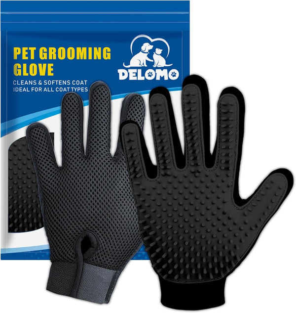 Upgrade Version Pet Grooming Glove - Gentle Deshedding Brush Glove for Dogs, Cats & Horses, 1 Pair (Black)