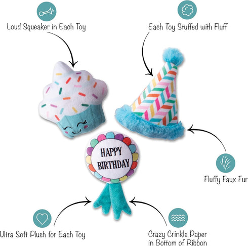 Fringe Studio Plush Dog Toy Set, Happy BARK-Day!, 3 Piece Set for Small Dogs