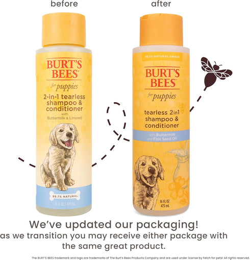 Burt's Bees for Pets 2 in 1 Shampoo and Conditioner, Naturally Derived Tearless for Puppies, 16 Oz, Buttermilk &