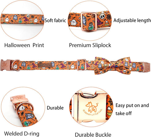 Elegant little tail Dog Collar, Fall Dog Collar Pumpkin Holiday Pet Collar Dog Halloween Dog Bow Collar Pet Durable Adjustable Girl Boy Dog Collar for Large Dogs