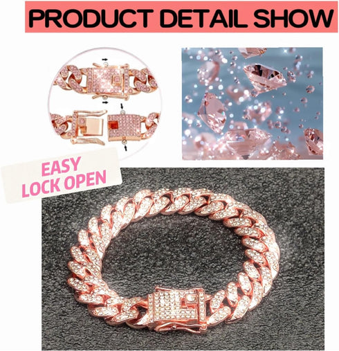 Cuban Link Dog Collar, Rose Gold Crystal Dog Necklace with Secure Buckle, Metal Chain Collar Jewelry Accessories for