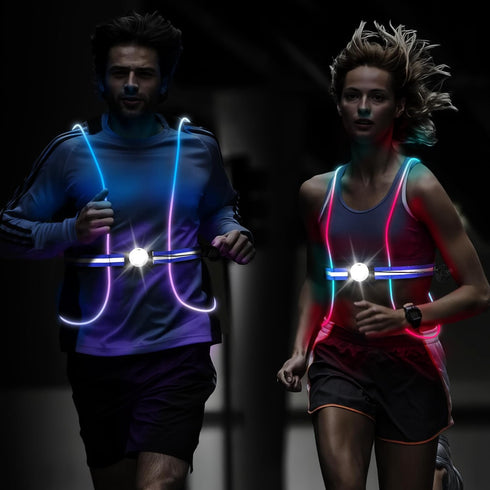 LED Reflective Running Vest Lights for Runners, USB Rechargeable Safety Lights with Front Light, 7 Colors, Three Light