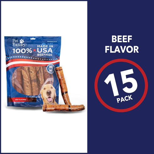 Pet Factory 100% USA Beefhide 8" Rolls Dog Chew Treats - Beef Flavor, 15 Count/1 Pack
