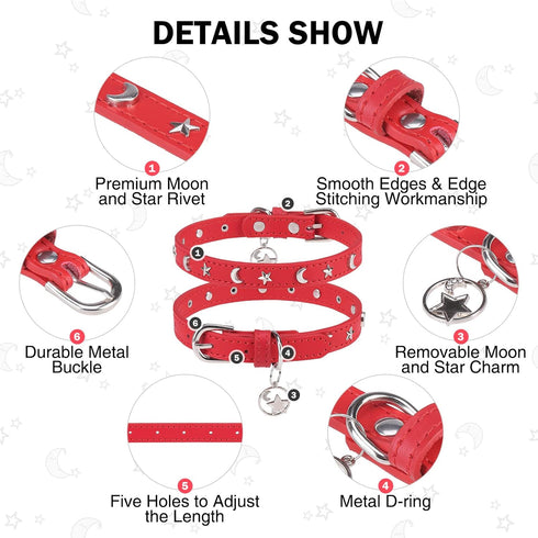 Leather Dog Collar for Puppy Small Medium Dogs, Adjustable Star and Moon Studded with Rust-Proof Metal Buckle, 11-14"
