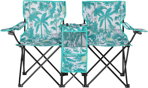 2 Double Camping Chairs with Umbrella, Portable Seat Folding Camp Chair with Cooler Bag, Beverage Holder, Carrying Bag
