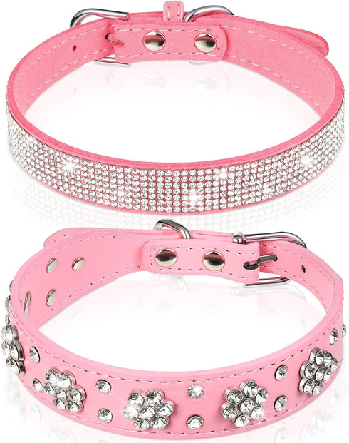 2 Pieces PU Leather Dog Collar, Pink Rhinestone Pet Collar with Flower Pattern, Adjustable Bling Puppy Collar (S:11-13