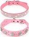2 Pieces PU Leather Dog Collar, Pink Rhinestone Pet Collar with Flower Pattern, Adjustable Bling Puppy Collar (S:11-13