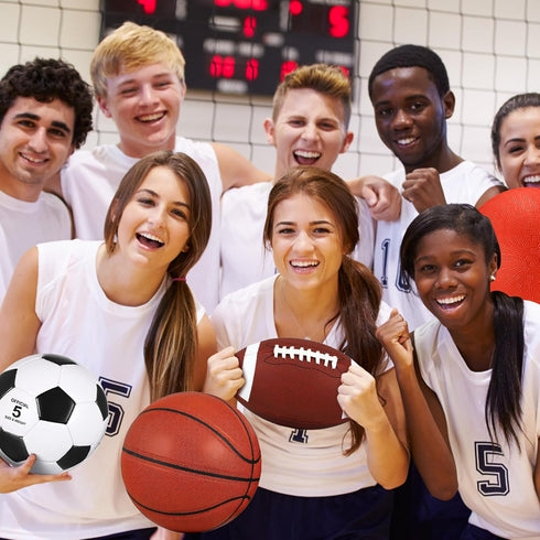 4 Set Lenwen Pcs Sports Balls for Teen Adult, Include Official Size Basketball Soccer Football Playground Ball Pump