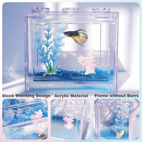 Stackable Mini Fish Tank Aquarium Kit, 3/5 Gallon Rectangular Fish Bowl with Gravel Decoration