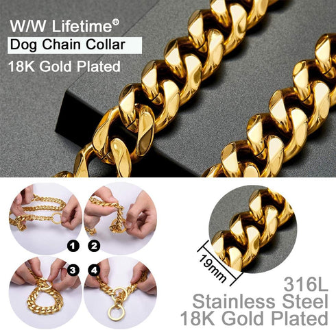 Heavy Duty Dog Chain Collar, Choke Collar, 14K Gold Plated Stainless Steel, 19MM, 22"
