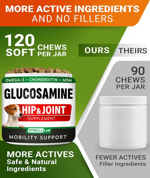 w/Omega-3 120 Glucosamine Treats for Dogs - Joint Supplement Fish Oil - Chondroitin, MSM - Advanced Mobility Chews