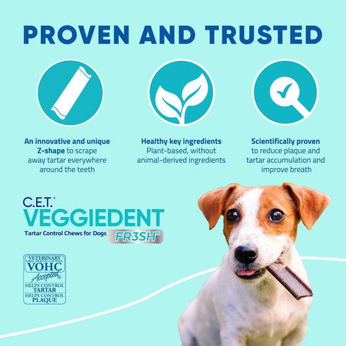 FR3SH 22-66lbs Virbac C.E.T. VEGGIEDENT Tartar Control Chews for Dogs with digestive health support, VOHC Approved