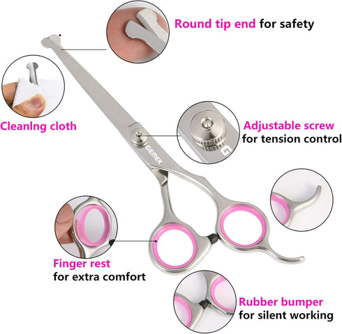 Set, 4CR 5 GEMEK Dog Grooming Scissors Stainless Steel Safety Round Tip Pet Professional Grooming Tool Pieces Kit